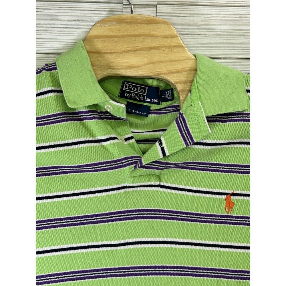 Polo Ralph Lauren Polo Shirt Cotton Green Purp Striped Bright Colors Logo Men Lg